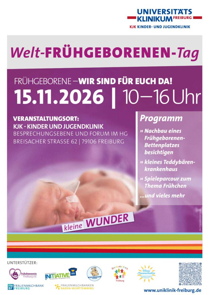Flyer zum Welt-Frühgeborenen-Tag am 15.11.2026 von 10 bis 16 Uhr in der Kinder- und Jugendklinik des Universitätsklinikums Freiburg